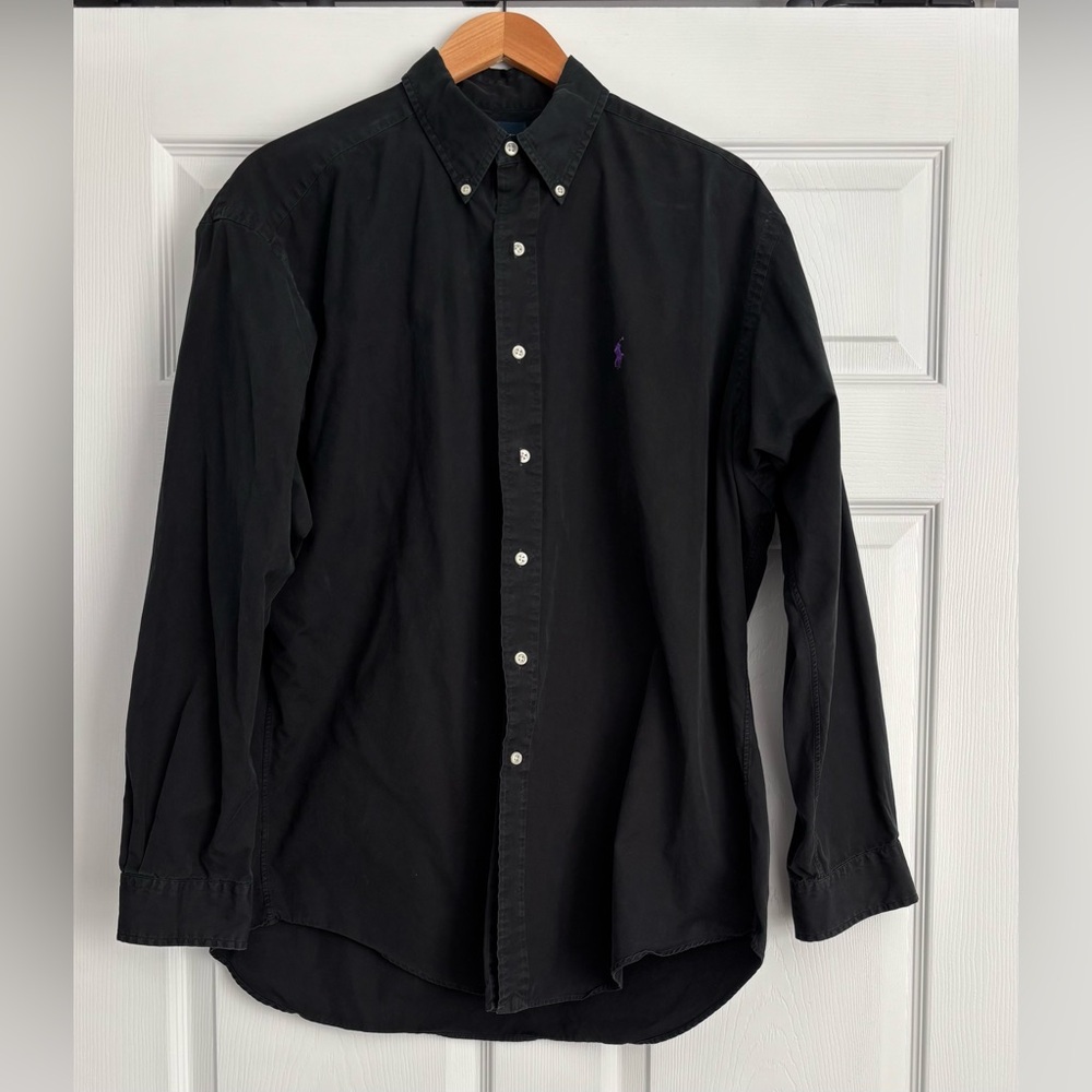Ralph Lauren Black Button-Down Casual Shirt with Purple Polo Logo